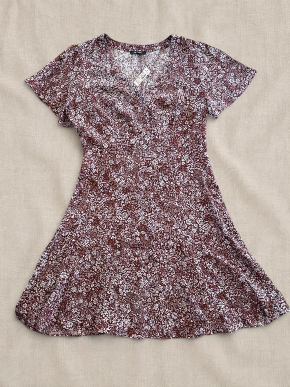 Madewell Red/Brown Floral V-Neck Short-Sleeve Mini Dress
